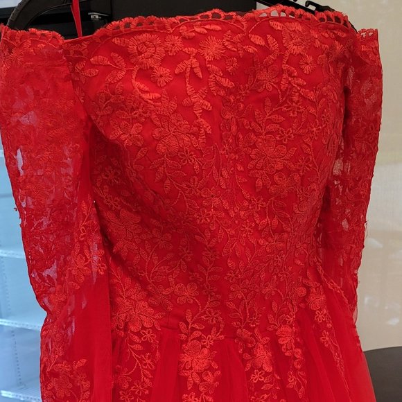 Hebeos Off The Shoulder Red Lace Wedding Dress - Picture 8 of 16